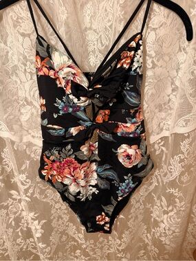 Floral Knot-Front Black Ladies One-Piece Swimsuit